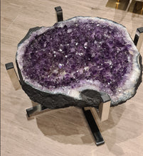 Load image into Gallery viewer, Amethyst Table on chrome modern stand with Glass top Active

