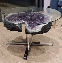 Load image into Gallery viewer, Amethyst Table on chrome modern stand with Glass top Active
