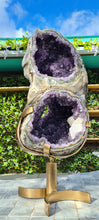 Load image into Gallery viewer, Amethyst spinning infinite 8 rare and unique with hidden Calcite - deep purple colour gold stand
