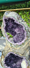 Load image into Gallery viewer, Amethyst spinning infinite 8 rare and unique with hidden Calcite - deep purple colour gold stand

