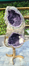Load image into Gallery viewer, Amethyst spinning infinite 8 rare and unique with hidden Calcite - deep purple colour gold stand
