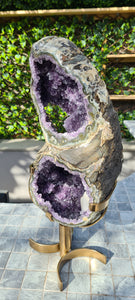 Amethyst spinning infinite 8 rare and unique with hidden Calcite - deep purple colour gold stand