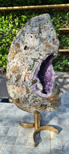 Load image into Gallery viewer, Amethyst spinning infinite 8 rare and unique with hidden Calcite - deep purple colour gold stand
