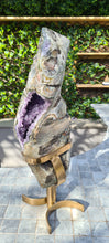 Load image into Gallery viewer, Amethyst spinning infinite 8 rare and unique with hidden Calcite - deep purple colour gold stand
