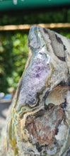 Load image into Gallery viewer, Amethyst spinning infinite 8 rare and unique with hidden Calcite - deep purple colour gold stand
