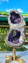 Load image into Gallery viewer, Amethyst spinning infinite 8 rare and unique with hidden Calcite - deep purple colour gold stand
