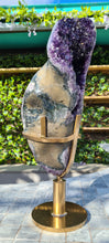 Load image into Gallery viewer, Amethyst spinning rare and unique double sided with multiple calcites - deep purple colour gold stand Active
