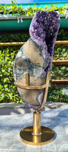 Amethyst spinning rare and unique double sided with multiple calcites - deep purple colour gold stand Active