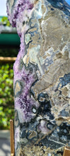 Load image into Gallery viewer, Amethyst spinning rare and unique double sided with multiple calcites - deep purple colour gold stand Active
