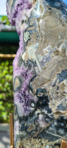 Amethyst spinning rare and unique double sided with multiple calcites - deep purple colour gold stand Active