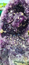 Load image into Gallery viewer, Amethyst spinning rare and unique double sided with multiple calcites - deep purple colour gold stand Active
