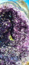 Load image into Gallery viewer, Amethyst spinning rare and unique double sided with multiple calcites - deep purple colour gold stand Active
