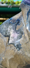 Load image into Gallery viewer, Amethyst spinning rare and unique double sided with multiple calcites - deep purple colour gold stand Active
