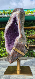 Huge Amethyst spinning almost 2ft tall polished turtle like shell double sided rare and unique - deep purple colour gold stand Active