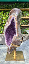 Load image into Gallery viewer, Huge Amethyst spinning almost 2ft tall polished turtle like shell double sided rare and unique - deep purple colour gold stand Active
