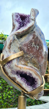 Load image into Gallery viewer, Huge Amethyst spinning almost 2ft tall polished turtle like shell double sided rare and unique - deep purple colour gold stand Active
