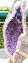 Load image into Gallery viewer, Huge Amethyst spinning almost 2ft tall polished turtle like shell double sided rare and unique - deep purple colour gold stand Active
