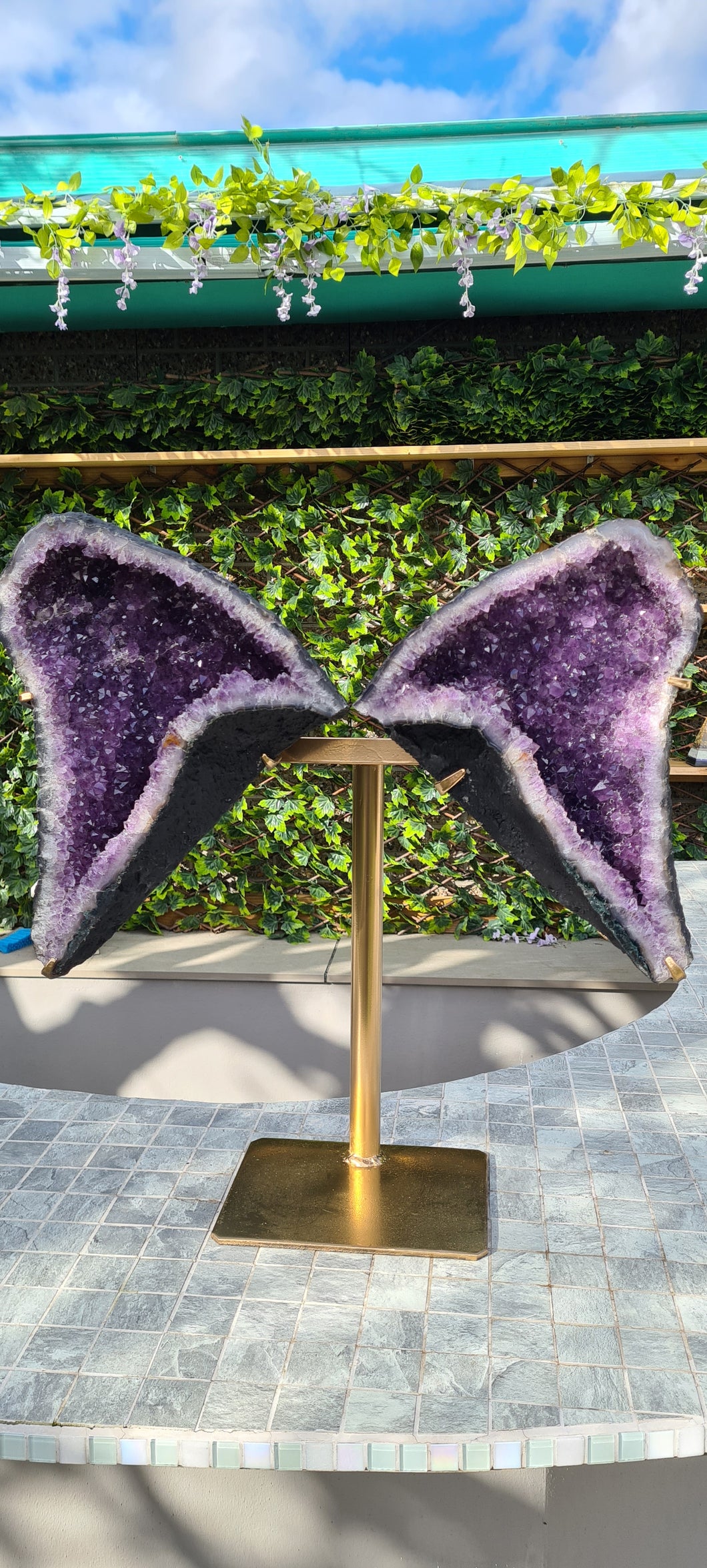 Amethyst Angel Wings Butterfly Wings on gold stand