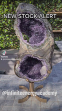 Load and play video in Gallery viewer, Amethyst spinning infinite 8 rare and unique with hidden Calcite - deep purple colour gold stand
