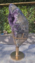 Load and play video in Gallery viewer, Amethyst spinning rare and unique double sided with multiple calcites - deep purple colour gold stand Active

