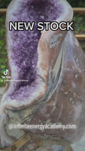 Load and play video in Gallery viewer, Huge Amethyst spinning almost 2ft tall polished turtle like shell double sided rare and unique - deep purple colour gold stand Active
